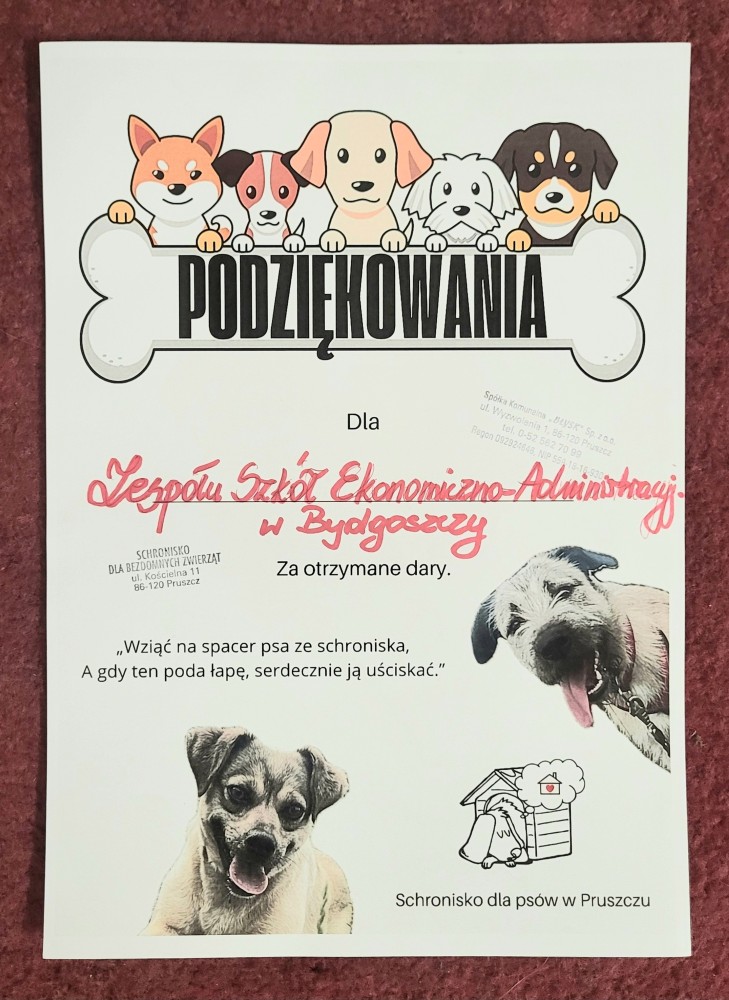  Podziękowania ze Schroniska w Pruszczu