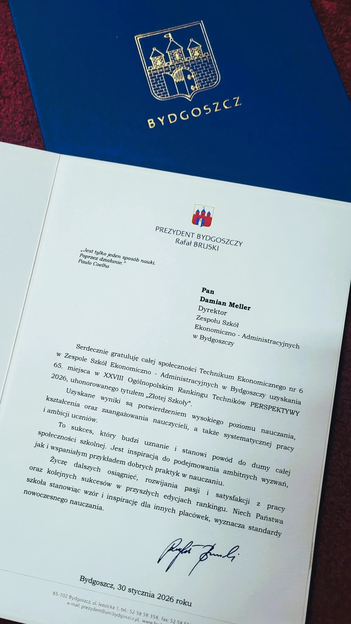 Złota Szkoła - gratulacje dla Ekonomika